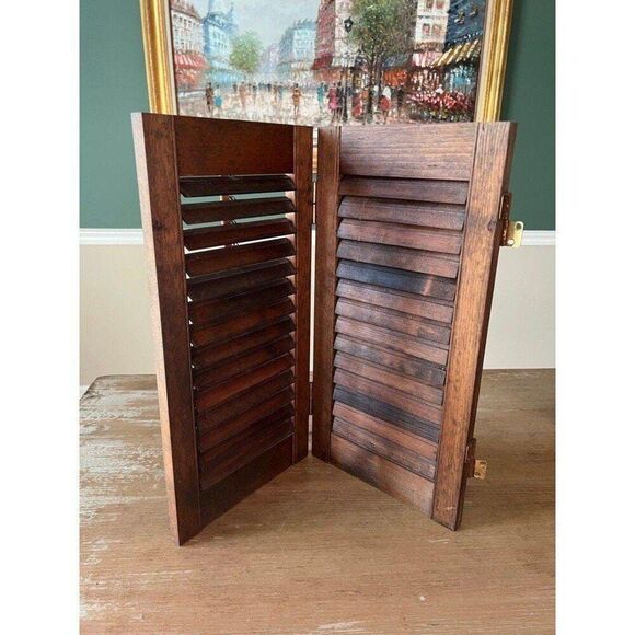 1 Vintage Brown Wood Plantation Vertical Blinds Stained Shutter Window Treatment - Picture 2 of 5